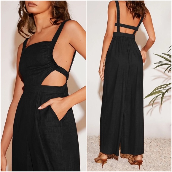 Boho black Open Back Pocket Cotton Jumpsuit - Picture 2 of 2
